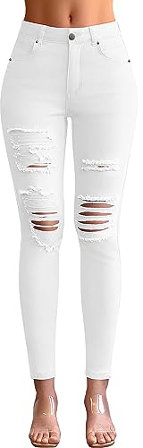 roswear Skinny Jeans for Women Ripped Stretchy Mid Rise Jeggings Casual Slimming Pants White