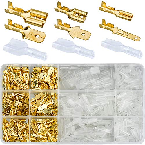Winfred 480 Stück Flachsteckhülsen Set, Flachstecker Männlich Weiblich Kabelverbinder Spade Kabelschuhe Sleeve Terminal mit Isolierhülse Sleeve Sortiment Kit 2,8 mm 4,8 mm 6,3 mm (Gold)