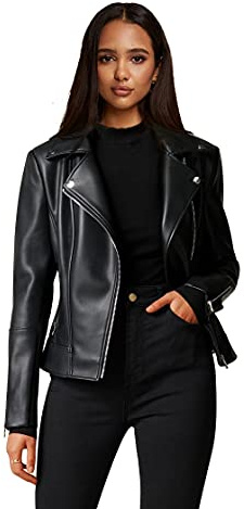 Athlemo Womens Faux Leather Motorcycle Jackets Classical Black PU Slim Short Biker Coats