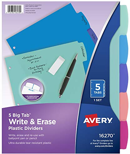 Avery Write & Erase Dividers for 3 Ring Binders, 5 Tabs per Set, Multicolor Big Tabs, Pastels, Binder Dividers Great for Organizing Reports, Projects, and More (16270)