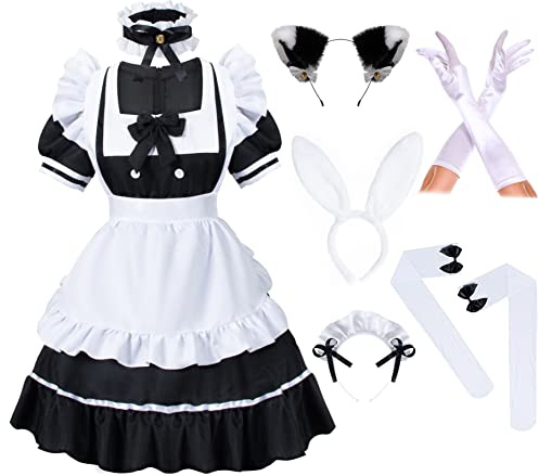 Anime French Women Bunny Maid Sweet Kawaii Costume Cosplay Dress Furry Cat Ear Gloves Socks set(Black 4XL)