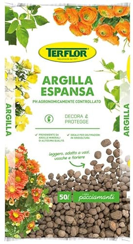 Terflor Argilla ESPANSA LT 50 Misura 8-20 mm Pacciamante per Piante in Vaso Giardino