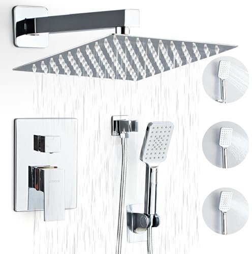 LCEVCGK Shower System, Shower Faucet Set Complete Square Rain Shower Combo Set with 8 inch Rainfall Shower Head System Bathroom Wall Mounted 3-Setting Handheld Shower,Chrome