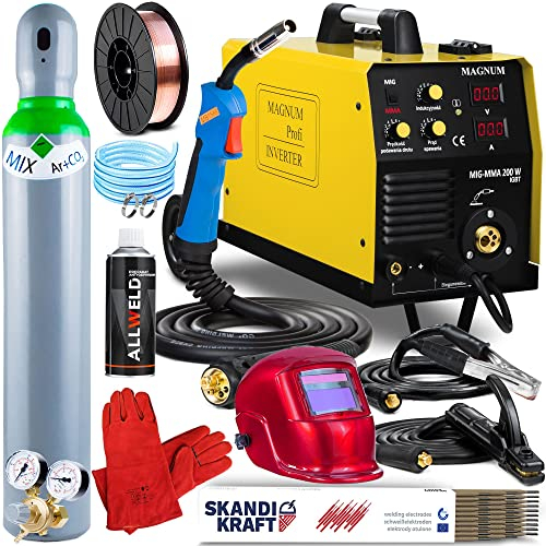 MAGNUM MIG-MMA 200W - 180A Inverter MIG MAG Schweißgerät mit Schutzgas und Fülldraht - Multi Schweißgerät mit Fahrwerk - Elektroden Schweißgerät (MMA) und Lötschweißen - Set:ProfessionalPlus