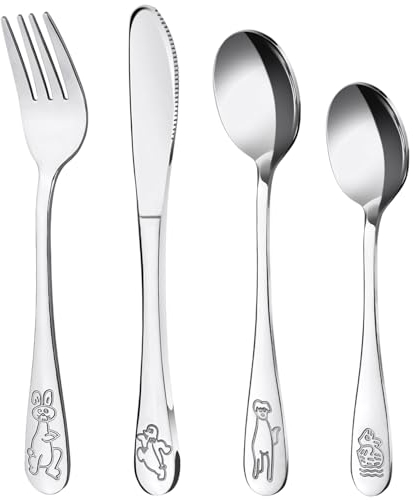 DoubleS Kinderbesteck mit Gravur, 4-teilig Edelstahl Kinder Besteckset Individualisiert Taufe Geschenke Mädchen Jungen, kinderbesteck ab 3 jahre