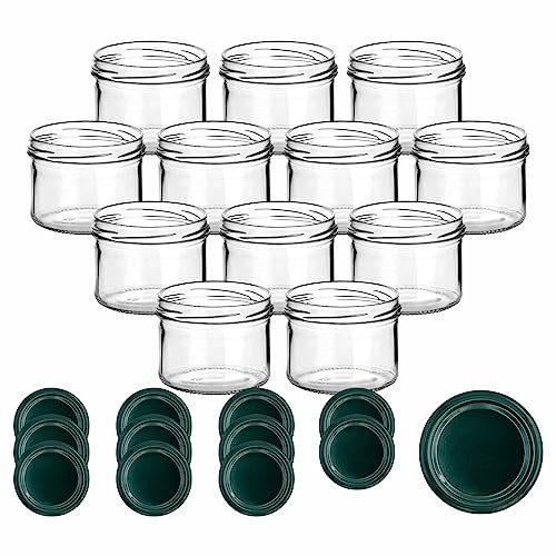 gouveo 12er Set Einmachgläser 230 ml rund mit Schraubdeckel grün - Vorratsgläser mit Drehverschluss TO82 - Marmeladengläser, Einkochgläser, Wurstgläser