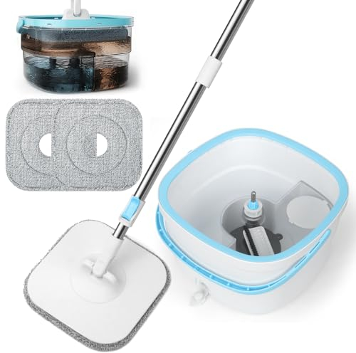 Withosent 130cm Mocio Lavapavimenti con Secchio, 2-in-1 Filtraggio Separa lo Sporco Dall'acqua Dolce, 360° Mocio Pavimenti Autostrizzante Rotante, con 2 Ricambio Mocio Microfibra