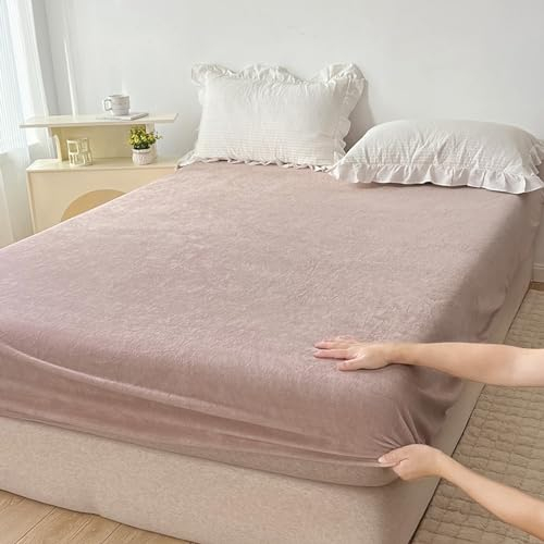 FCLDESHOP Boxspringbett Spannbetttuch,Spannbettlaken aus Plüsch und verdicktem Winter-Flanell, einfarbig, Thermo-Matratzenschoner, Doppelbett-Topper, braun, 180 x 200 cm (71 x 79 x 12 Zoll)