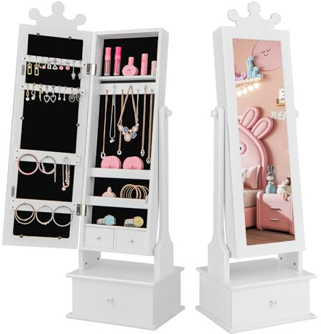 GOPLUS Armoire à Bijoux pour Enfant avec Miroir Pleine Longueur, Organisateur de Bijoux avec 3 Tiroirs et 4 Étagères de Rangement, 13 Crochets et 18 Emplacements pour Boucles d’Oreilles, Rose (Blanc)