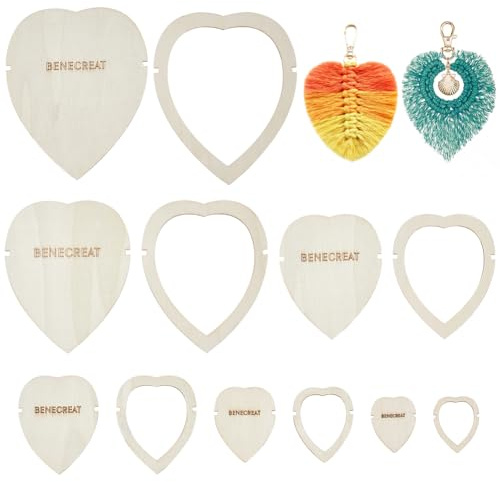 BENECREAT Modello Da Taglio per Macramè In Legno Da 12 pz, Stampi per Tagliare Macramè con Cuore e Piume, Utensile Da Taglio per Appendere Alla Parete di Macramè per Realizzare Nappe di Piume