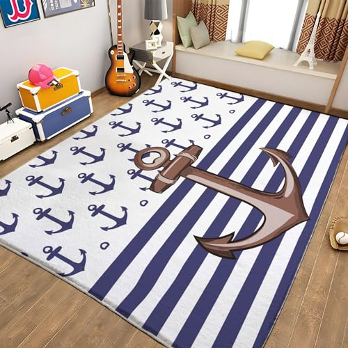 Teppich 80 x 150cm Anker & Streifen Kinder Teppich Dekoration Schlafzimmer Kinderzimmer Wohnzimmer, Modern rutschfest Waschbar Flanell Kinderteppiche Heimdekoration