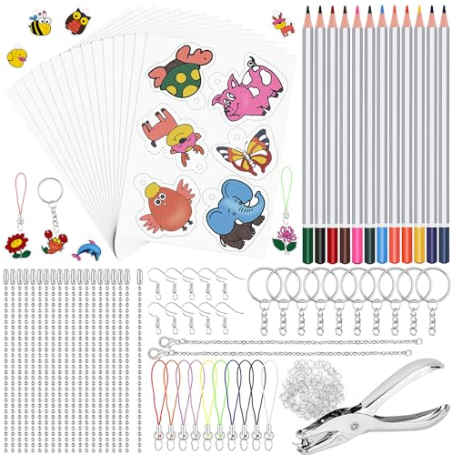 Hysagtek 193 Stück Schrumpffolie Set, Shrinking Plastic 17, Schrumpffolie Schlüsselanhänger mit Schrumpffolien, Buntstifte, Schlüsselbundzubehör, Locher, für DIY Handwerk Dekorationen