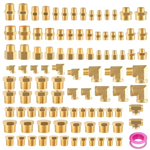 Ailbiuko 98PCS Brass Pipe Fittings Assortment Kit NPT Adapter,Reducer Bushing, Hex Nipple, Reducing Hex Coupling,Hex Head Plugs,90 Degree Street Elbow,Street Tee Fittings Kits