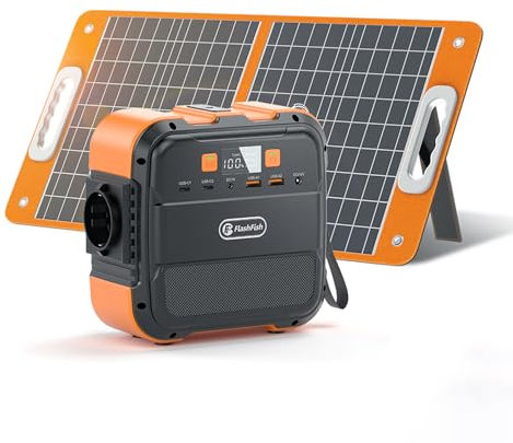FF FlashFish 120W Powerstation mit Faltbares Solarpanel 60W,98Wh Tragbares Kraftwerk,26400 mAh Große Powerbank mit Licht und Steckdose,Notstromversorgung für Garten Outdoor oder auf Tour