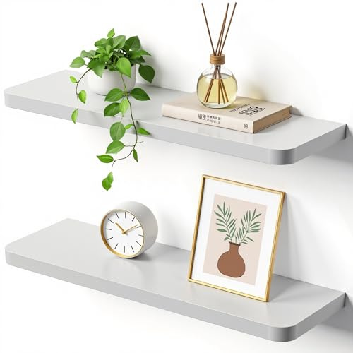 Gronda White Floating Shelves for Wall Modern Long Shelf 60cm for Bedroom Bathroom Living Room Kitchen Display Decor Book Storage And Organiser Wall Mounted Shelves White Set of 2 With Curved Edge