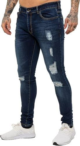 989Zé ENZO Jean pour Hommes Slim fit Extensibles Pantalons en Denim à Trou Jeans Trou Cassé Pantalons avec Fermeture EZ383 Bleu 32W / 34L