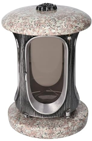Élégante lanterne funéraire en granit marron royal - Hauteur 23 cm - Diamètre : 15 cm - Argenté - Avec rosace