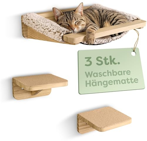 Knupis Katzen Kletterwand Set mit Hängematte & 2X Katzentreppe – massives Kiefernholz, stabile Wandliege bis 30 kg – Für Spielspaß & Gemütlichkeit