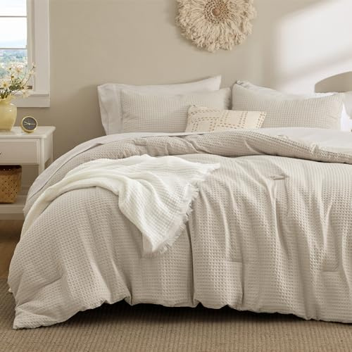 Bedsure Waffle Comforter Set Queen, Soft and Breathable Linen Bedding Comforter Set, 3 Pieces, 1 Waffle Weave Comforter (90x90) and 2 Pillowcases (20x26)
