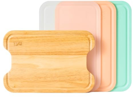 KitchenSavvi 4-in-1 Medium Chopping Board Set With 3 Stackable Plastic Boards: Dishwasher Safe | Lightweight & Ergonomic | Space Saving Storage | Hygienic & Modular Design | Thick & Durable Rubberwood