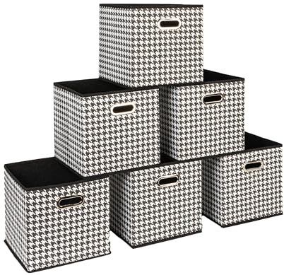 Household Essentials Fabric Storage Cube Bins, 6 Piece Set, Strong Poly-Woven Fabric, Chipboard Sides, Grommet Front Handle, Stackable and Foldable, Classic Design, Black and White Houndstooth