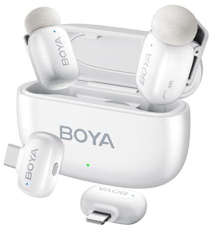 Boyamini Trådlös Lavalier-mikrofon för iPhone/iPad Android-enhet med 2 kontakter och 2 Ultra Mini Mics med 30H användning, AI röstförändring, lapellmikrofon för Vlog, streaming, TikTok, YouTube (vit)