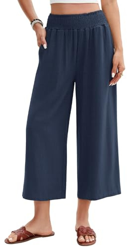 UMIPUBO Pantaloni Lino Donna Estivi Leggeri Cotone Larghi 3/4 Pantalone Elastica Vita Alta Eleganti Gamba Larga Palazzo Pants Casual Sportivi Pantaloni da Spiaggia con Tasche (Blu Marina, XL)