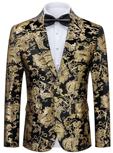 Autsel Men's Casual Blazer Paisley Jacquard Floral Print Two Buttons Stylish Coats Chic Tuxedo Dinner Jacket Gold XL