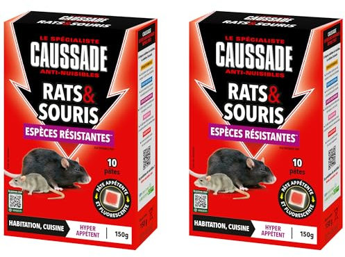 CAUSSADE Anti Rats & Souris - Efficacité radicale - Lieux secs & humides - 10 Sachets pâtes Fluorescents- Prêt à l'emploi - Une Ingestion Suffit - Fabriqué en France - 150g - CARSPTFLUO150 (2)