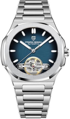 Pagani Design - Reloj mecánico para hombre, diseño de esqueleto Tourbillon, acero inoxidable, espejo de zafiro AR, impermeable, elegante, reloj automático para hombre, azul oscuro, Moderno