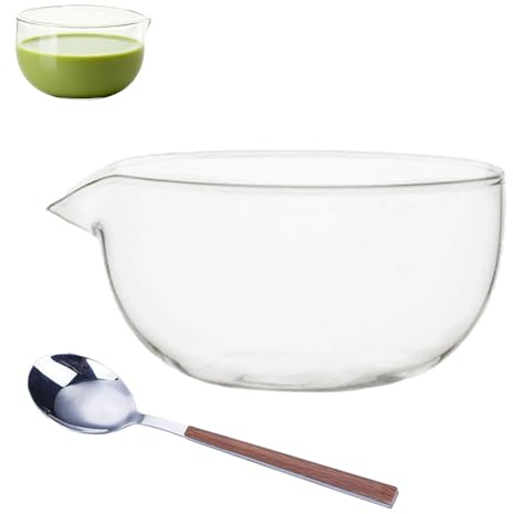 GANILITY Tazón de Vidrio Transparente con Pico, 350 ml Matcha Tazones Cristal, Tazón de Cristal Matcha con Cuchara de Acero Inoxidable, para Frutas, Ensaladas, Salsas, Harinas