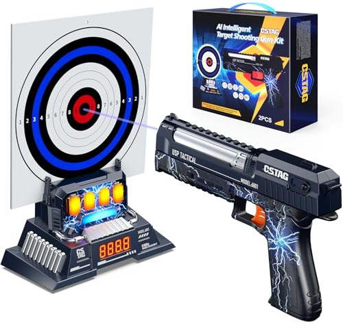 Pistola electrónica con mensaje de voz e indicador LED – Pistola de espuma segura con objetivos de papel para niños, regalo para niños y niñas de 5 a 12 años.