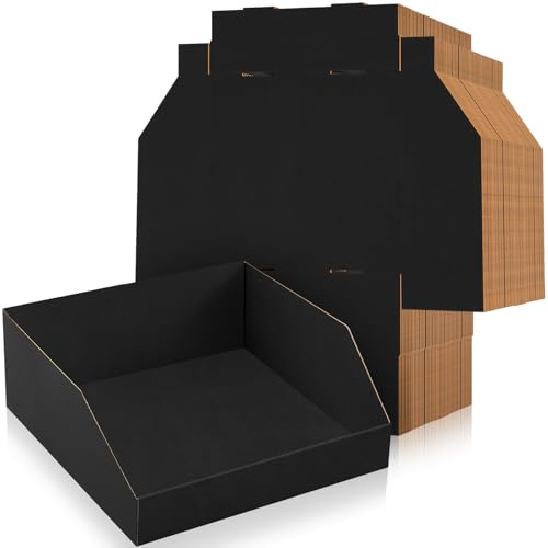 Fuyoooo 30 Pack 12 x 10 x 4. 5 Inches Cardboard Storage Bins Open Top Bin Boxes Black Corrugated Shelf Organizer Bins for Pantry, Parts, Garage, Snacks, Bottles, Cans or Warehouse Home Cubby