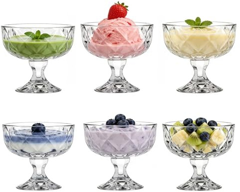 MYKAGS Gläser Set 6-teilig, 290 ml Eiscreme-Glas-Dessertschalen, elegante Glas-Eisbecher, Fruchtgelee-Becher, kleine Party-Schalen, Gläser, Puddingbecher, geeignet für Eisbecher, Snacks, Müsli, Obst