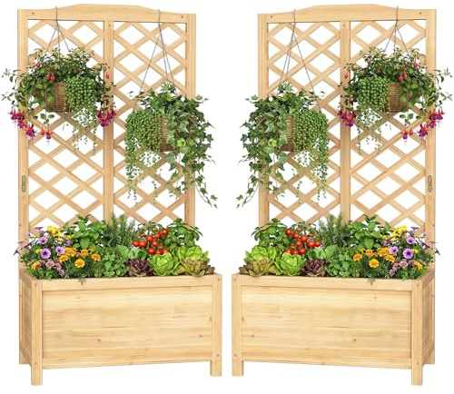SUNYRISY 2 Stück Holz Hochbeet mit Rankgitter, Blumenkasten mit Rankhilfe, Garten Pflanzkübel mit Spalier, Sichtschutz Garten Pflanzkasten Pflanzkübel, 76 x 40 x 150 cm