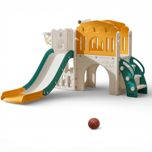 Stena Spielhaus mit Rutsche und Brücke - Basketballkorb, Ball & Spielzeug-Teleskop - Indoor & Outdoor - Spielturm - Spielgerät - Klettergerüst - Kleinkinder - Spielzeug für draußen