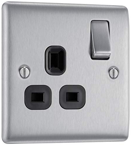 BG Electrical Single Switched Power Plug Wall Socket, Raised and Slim Profile, Round Edges, Nexus Metal, Brushed Steel, Black Inserts, 13A, NBS21B