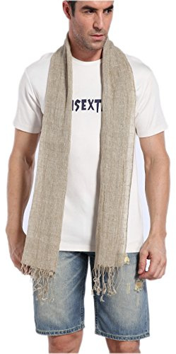 Prettystern Uomo 200cm Lunga Sciarpa Lino Pashmina Leggera Estiva Primavera Foulard con Frange Tinta Unita T24 la natura