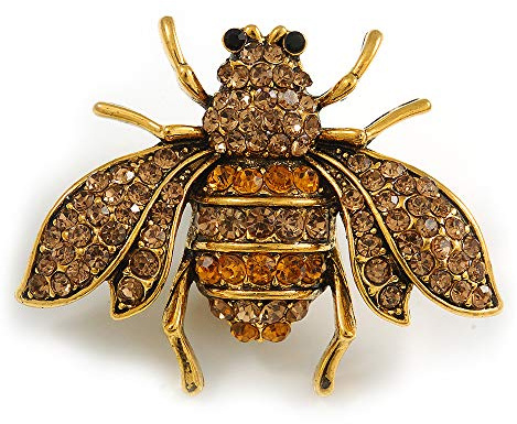 Broche vintage en forme d'abeille en métal doré vieilli avec cristal champagne/ambre – 38 mm de diamètre, taille unique, Pas de type de métal, diamante