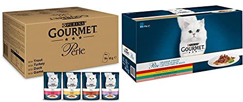 PURINA GOURMET Perle Erlesene Streifen in Gelee, 96 Portionsbeutel Katzenfutter nass, Sorten-Mix, 12er Pack (12 x 8 Beutel à 85g) & Perle Erlesene Streifen Katzenfutter nass, 60er Pack (60 x 85g)