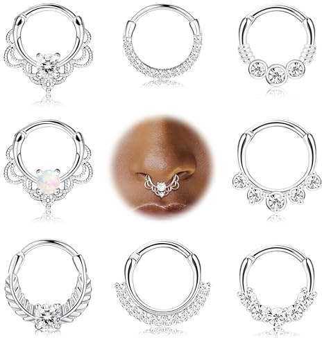 Milacolato 8PCS 16G Setto Clicker Piercing Naso Anelli Acciaio Inossidabile CZ Opale Cartilagine Helix Tragus Hoop Daith Anelli al Naso Septum Clicker Anelli Piccolo Piercing Gioielli 10MM argento
