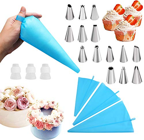 Set di 20 ugelli e sacchetti per tubazioni con 3 sacchetti riutilizzabili per tubazioni/sacchetti per glassa, con 3 accoppiatori, 14 ugelli per torta, in acciaio inox, kit di punte per cupcake.