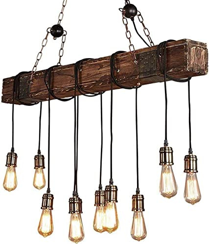 H.W.S Pendelleuchte Holz Pendellampe Industrial Schwarz Hängelampe Vintage Hängeleuchte Kronleuchter Retro Metall Höhenverstellbar für E27 Leuchtmittel für Wohnzimmer Esstisch Küche (10 Flamme)