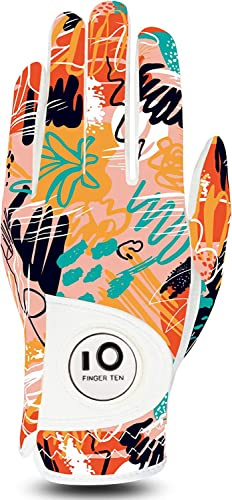 FINGER TEN Gants De Golf Femme Main Gauche Droite Motif imprimé poignée Marqueur De Balle Pack， Gant Durable Respirant Doux Taille S M L XL Sport (L-Main Gauche(Worn on Left Hand), Orange)