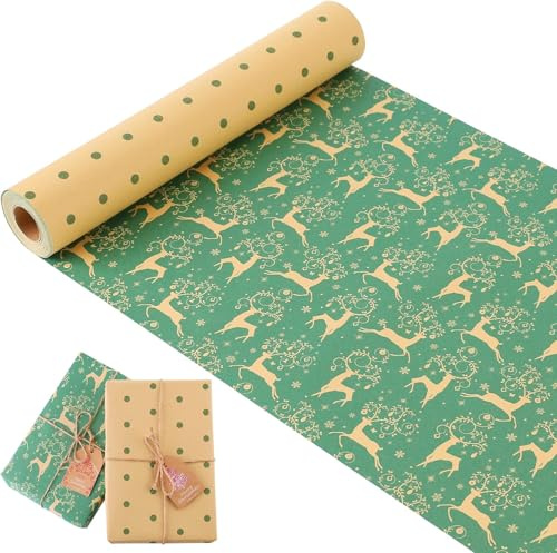 Christmas Wrapping Paper Roll – 15m x 44cm Large Recyclable Kraft Gift Wrap – Double Sided Design (Green Reindeer & Polka Dots) – Eco Friendly, Heavy Duty 80gsm Sustainable Paper for Xmas & Crafts