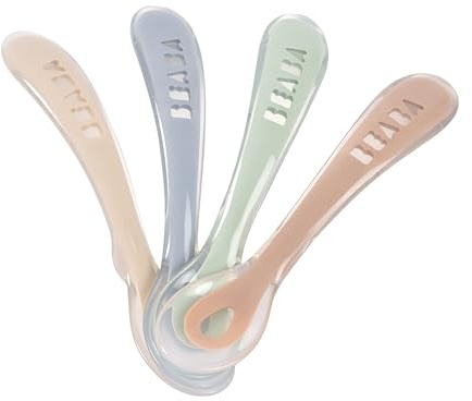 BÉABA, Lot de 4 Cuillères en Silicone pour Bébé et Enfant, 2ème Âge, à partir de 12 mois, Souple, Bout arrondi, Manche Ergonomique, Velvet grey/Sage green