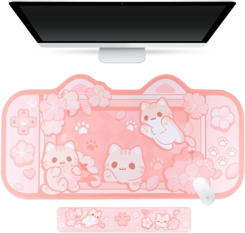 BelugaDesign Musmatta, motiv med sakura, söt katt, anime, kawaii, kanin, pastellrosa, för NS Switch-tangentbord, laptop, gaming, tillbehör, stor musmatta, skrivbordsmatta, skydd med gel, handledsstöd