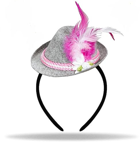 Hatstar Mini Seppelhut mit Haarreif, Miniatur Trachtenhut mit Feder in Rosa, Kostüm Accessoire zum Oktoberfest Outfit für Damen und Herren