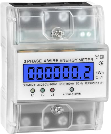 Vusddy Contador De Electricidad 3 Fases 4 Hilos,Medidor De Corriente Trifásico 230V 400V 5-100A,Digital LCD,Contador De Electricidad Trifásico para Carril DIN Medidor Intermedio De Corriente