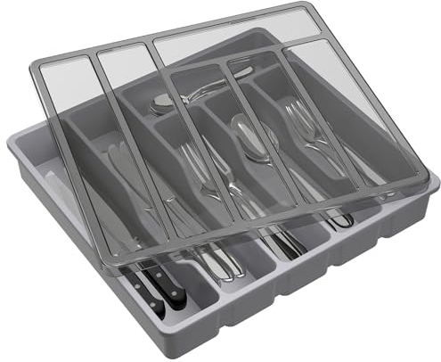 Lifewit Cutlery Tray with Lid, Cutlery Storage Box for Kitchen Drawer and Countertop, Plastic Cutlery Drawer Organiser for Spoons Forks Knives Holder Storage Insert, 6 Compartments, Grey
